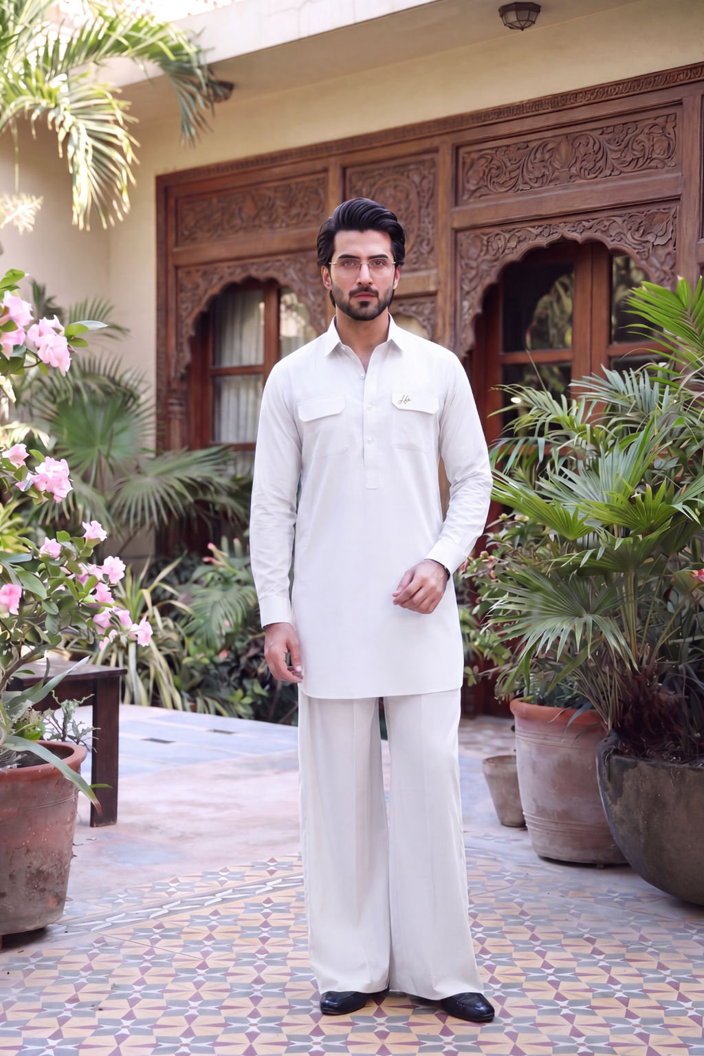 WHITE BOSKI LINEN KURTA FARSHI PAJAMA