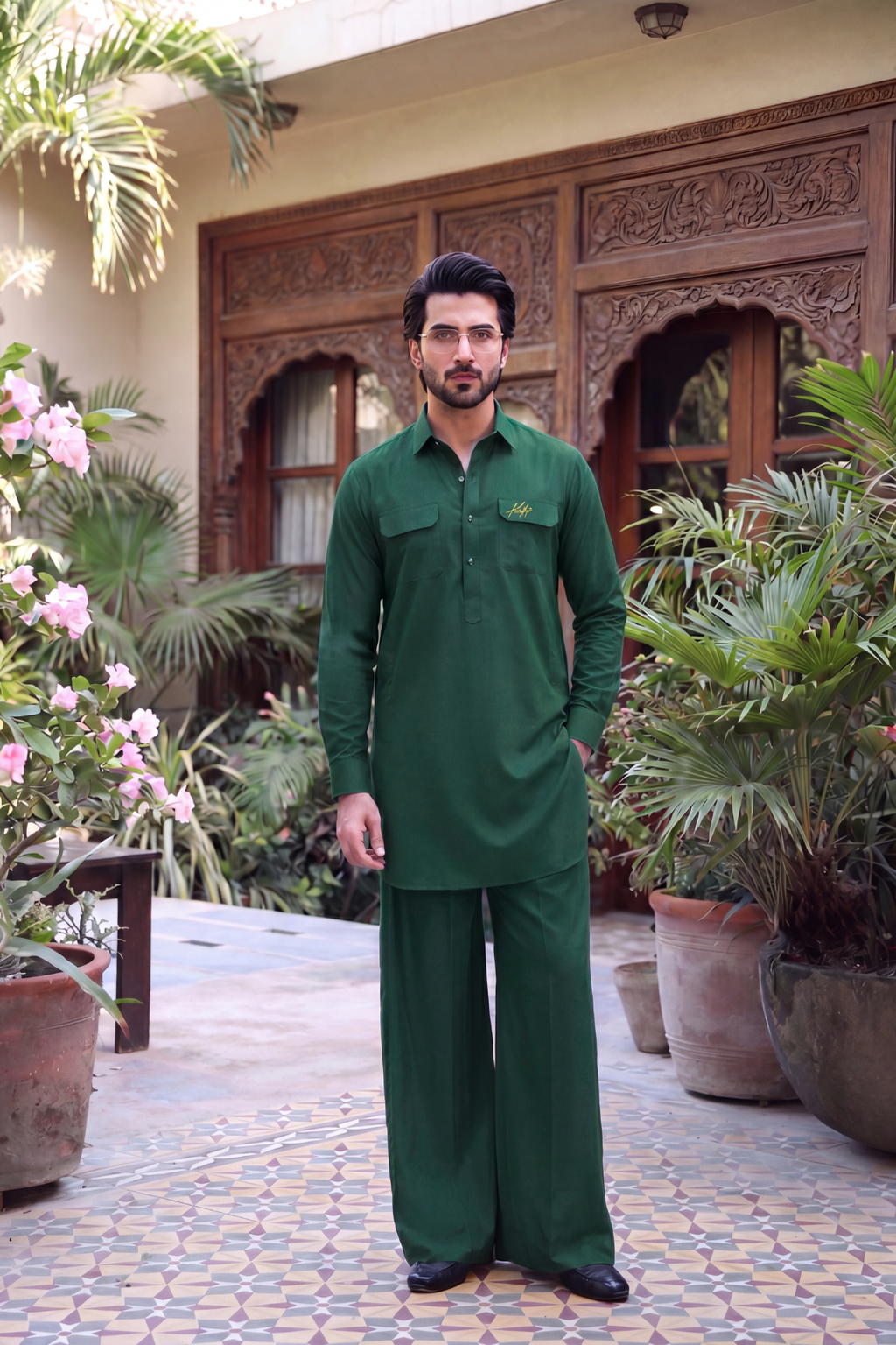 GREEN BOSKI LINEN KURTA FARSHI PAJAMA