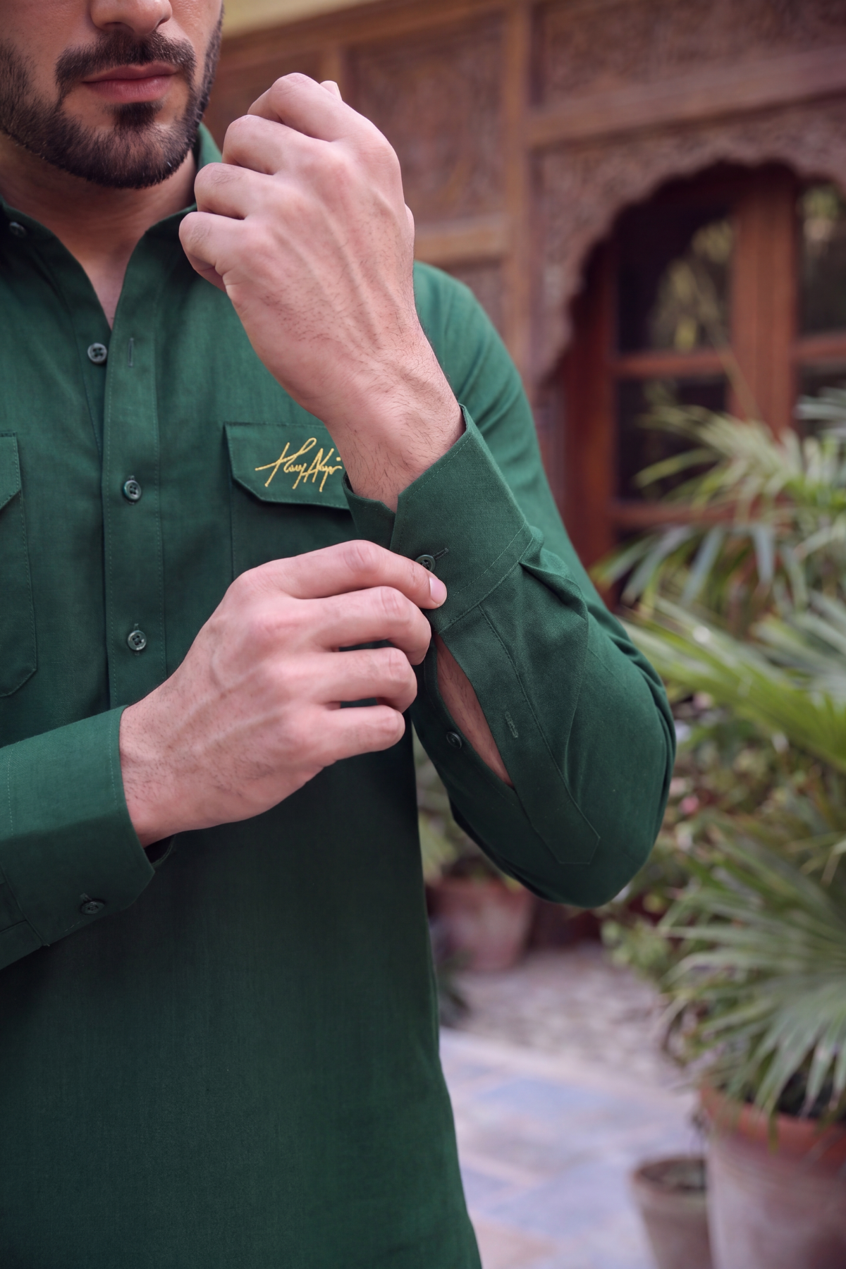 GREEN BOSKI LINEN KURTA FARSHI PAJAMA
