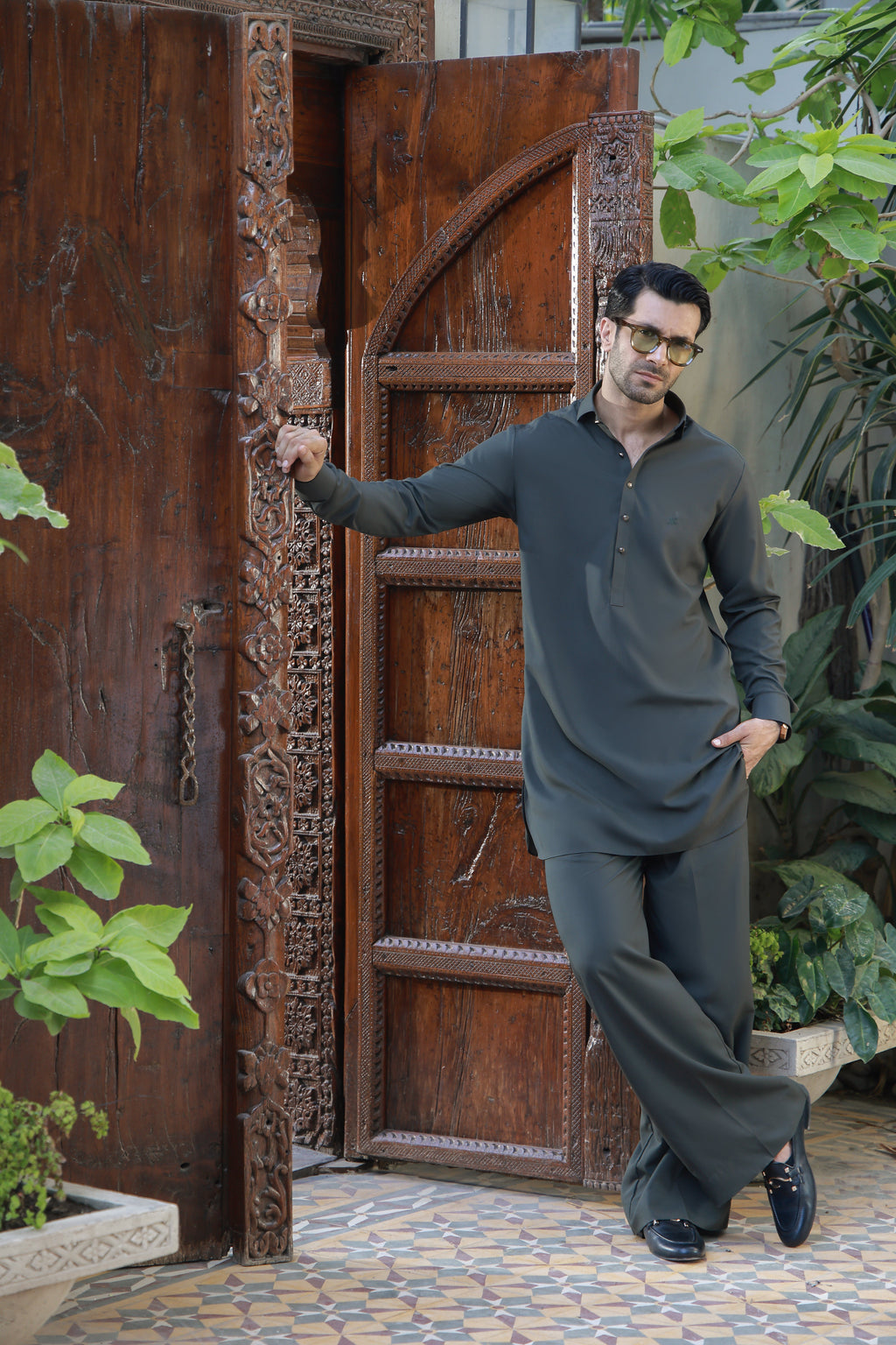 OLIVE GREEN WASH N WEAR KURTA FARSHI PAJAMA